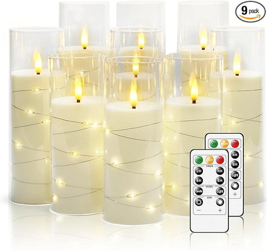 Nimiko Flickering Flameless LED Candles, 9 Pcs with Embedded Star String, Acrylic LED Pillar Candles with Remote, Suitable for Home Decoration (White)