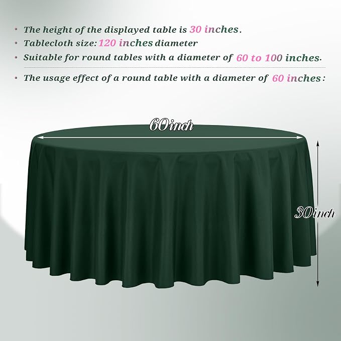 Teruntrue 12 Packs Hunter Green Round Tablecloths 120 inch Round Table Cloth, Washable Polyester Fabric for Wedding Parties Banquet Holiday Dinner Table Decorative, Hunter Green