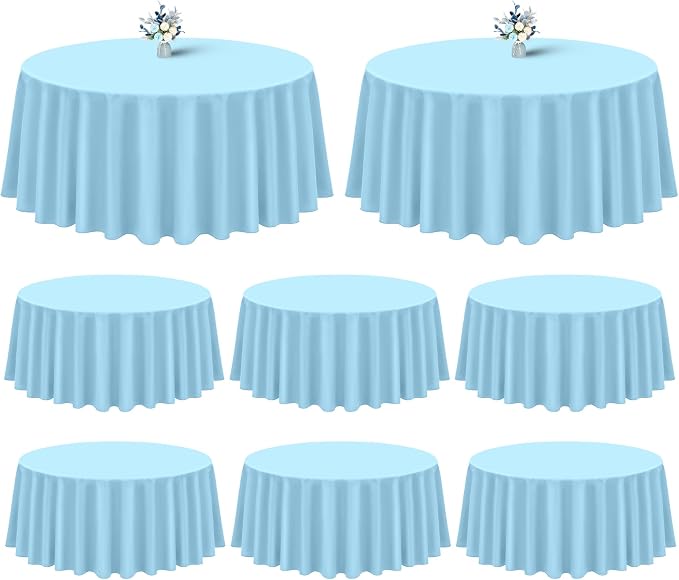 Showgeous 8 Pack Light Blue Round Tablecloth 90 Inch Table Cloth for Round Tables Polyester Tablecloths Table Cover for Dining Wedding Party