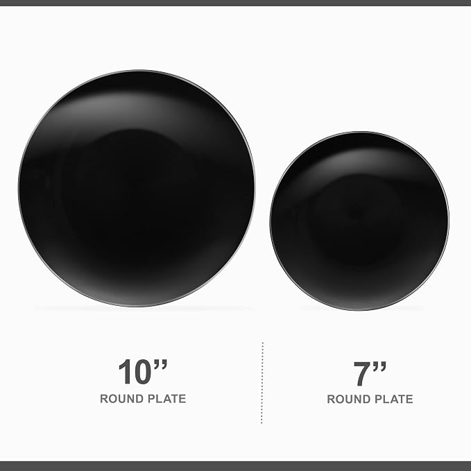 PLASTICPRO 128 Piece Combo Plates Set - 64-7" & 64-10" Black Plates with Silver Rim - Premium Heavyweight, Disposable