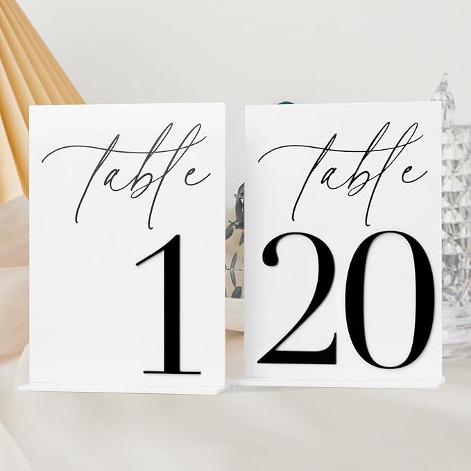 Acrylic Wedding Table Numbers 1-20 with Stands, 5"x7" White Acrylic Signs with 3D Black Numbers, White and Black Table Numbers for Wedding Reception, Anniversary, Event
