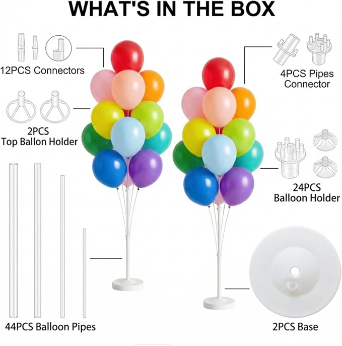Balloon Column Stand Kit,2 Sets of Assorted Rainbow Balloon Tower Pillar with 10inch Bright Color baloon Reusable Design for Grirls Party,Birthday, Wedding,Baby Shower (13-Colorful)