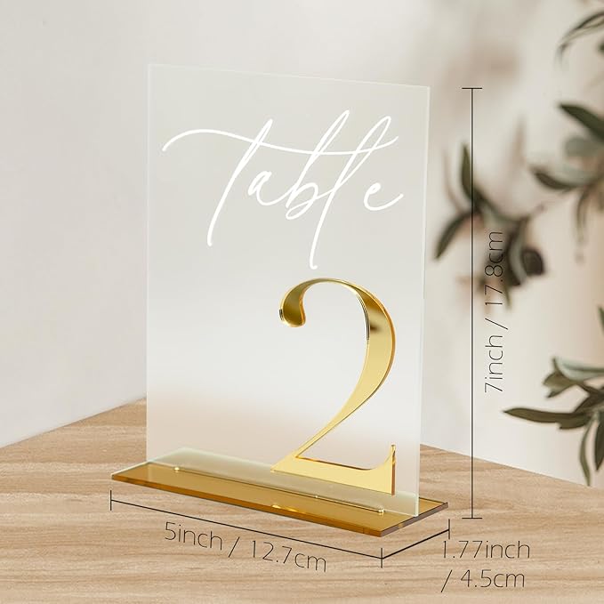 Acrylic Wedding Table Numbers 1-15 with Stands, 5"x7" Frosted Acrylic Signs with 3D Gold Mirror Numbers, Frosted and Gold 3D Table Numbers for Wedding Reception, Anniversary, Event