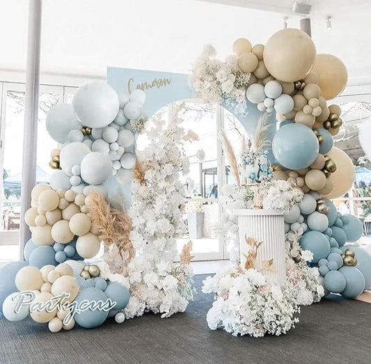 Dusty Blue White Sand Balloon Garland Double Stuffed Pastel Light Blue Cream Beige Matte Balloon Arch Kit with Gold Latex for Neutral Baby Shower Bridal Wedding Birthday Mothers Day Summer Party
