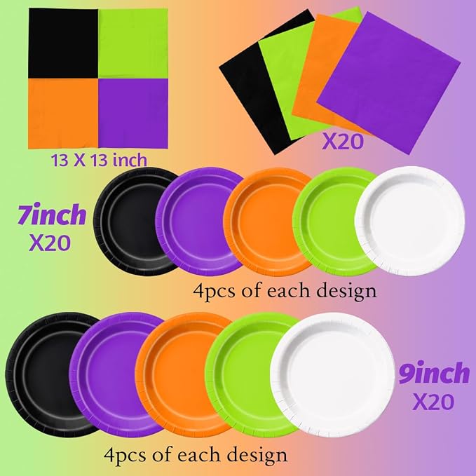 CMUSKO 60pcs Halloween Plates and Napkins - Black Orange Green Purple Tableware for Halloween Birthday Baby Shower Decorations