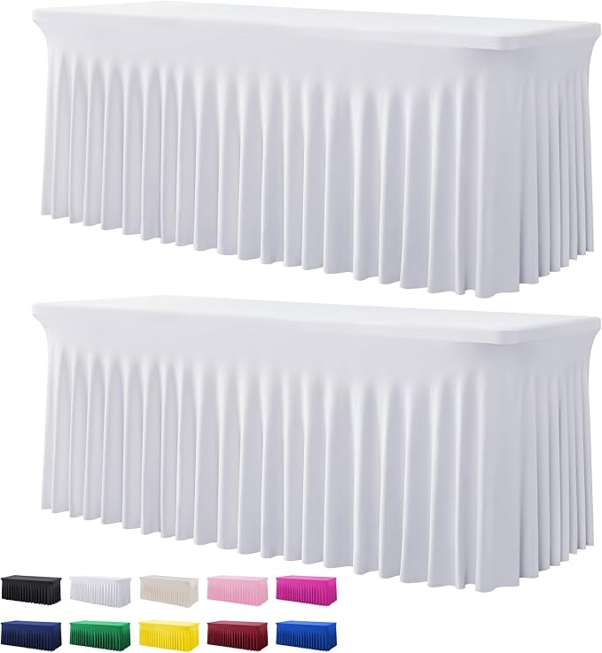 2 Pack White Spandex Table Clothes for 6 Foot Rectangle Tables, Wrinkle Free Fitted Table Cover 6ft Stretch Tablecloths Desk Skirt for Parties Weddings Birthday Banquet Baby Shower