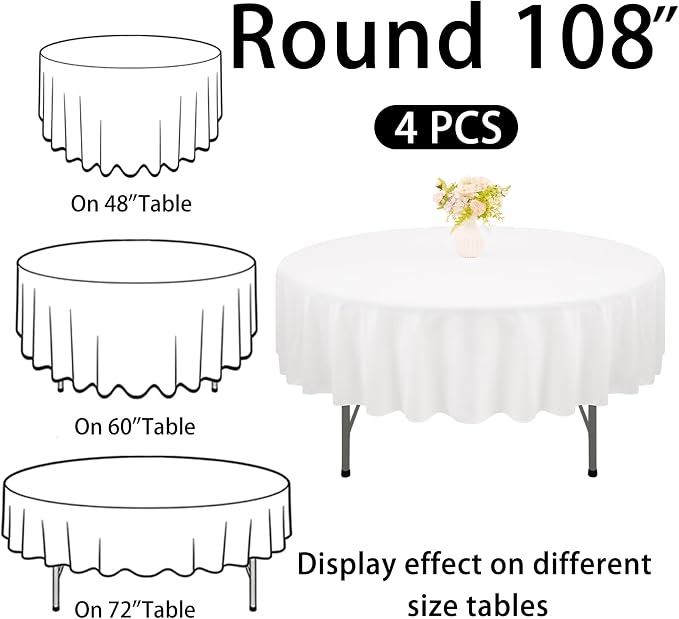 4 Pack Round Tablecloth 108 Inch White Polyester Washable Fabric Table Covers for Wedding Dining Table Buffet Parties Banquet Decor