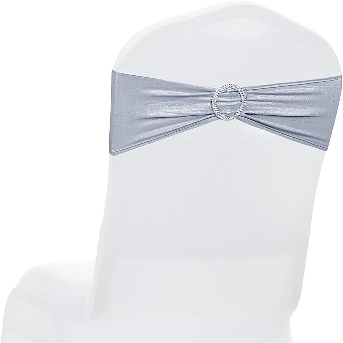 MDS Pack of 50 Spandex Foil Chair Sashes Bow Universal fits Elastic Stretch Chair Bands Ties with Buckle for Wedding Lycra Slider Bow - Metallic/zari/Sparkle Silver