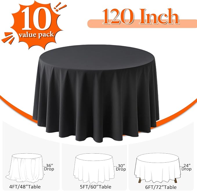 10 Pack Black Round Tablecloths 120 Inch Round Table Cloth Wrinkle Resistant Black Tablecloth Washable and Reusable Polyester Fabric Table Covers for Banquet Wedding Party Dining Buffet
