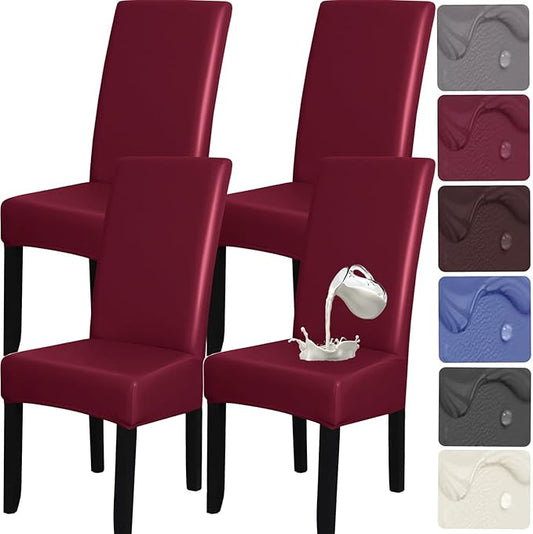 HFCNMY Dining Room Chair Covers - Waterproof PU Slipcovers for Dining Set of 4, Soft, Washable, Red