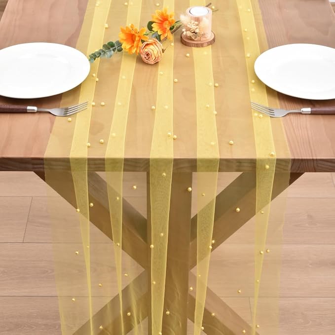 Yellow Pearl Table Runner Boho Rustic Tulle Lace Dining Baby Shower Wedding Arch Decor Veil Dessert Holiday Centerpiece Table Decor