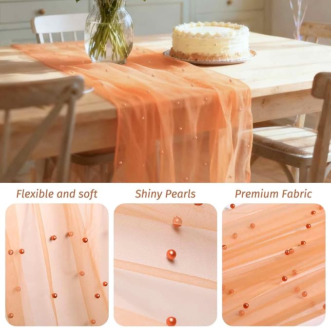 WELTRXE Pearl Table Runner Tulle 10ft, Boho Rustic Lace Table Runner 30x120 Inch for Wedding Decor Birthday Party Dining Table Cover, Orange
