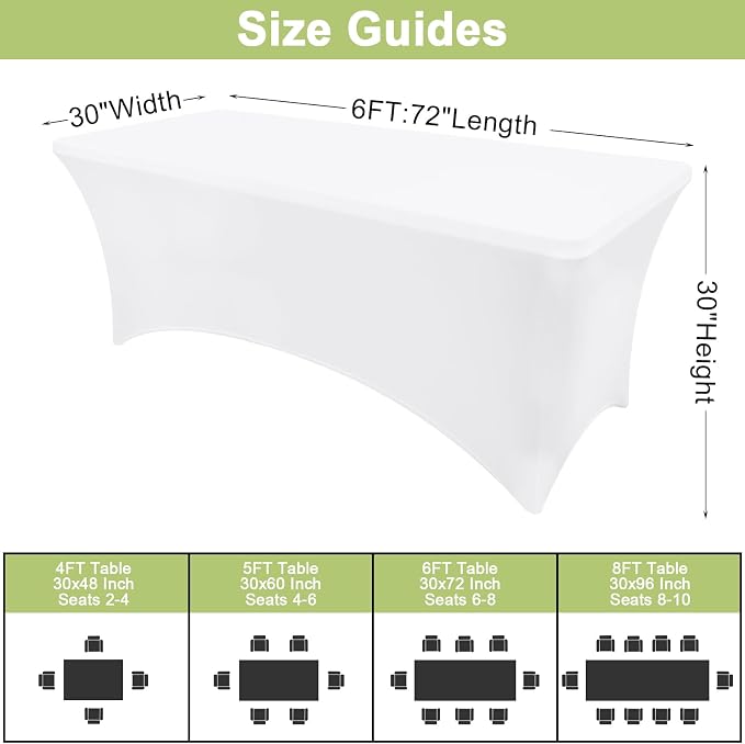 Moosfor Spandex Elastic Fitted 6FT Rectangle Tablecloth 6 Pack, Stretch Washable Reusable Table Cover for Outdoor Picnic, Dining, Wedding, Banquet & Party Events (White, 72Lx30Wx30H Inch)