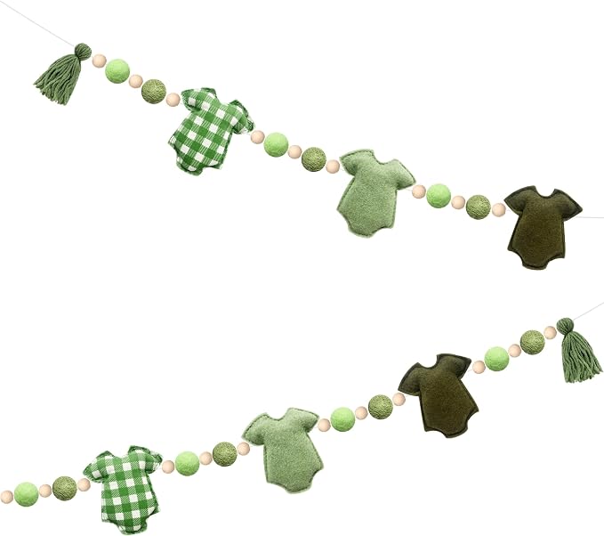 Sage Green Plaid Baby Clothes Decorations Pre-Strung Handmade Felt Baby Clothes Wooden Bead Wool Felt Ball Banner Garland for Neutral Gender Reveal Baby Shower Party Nursery Fireplace Home Decor