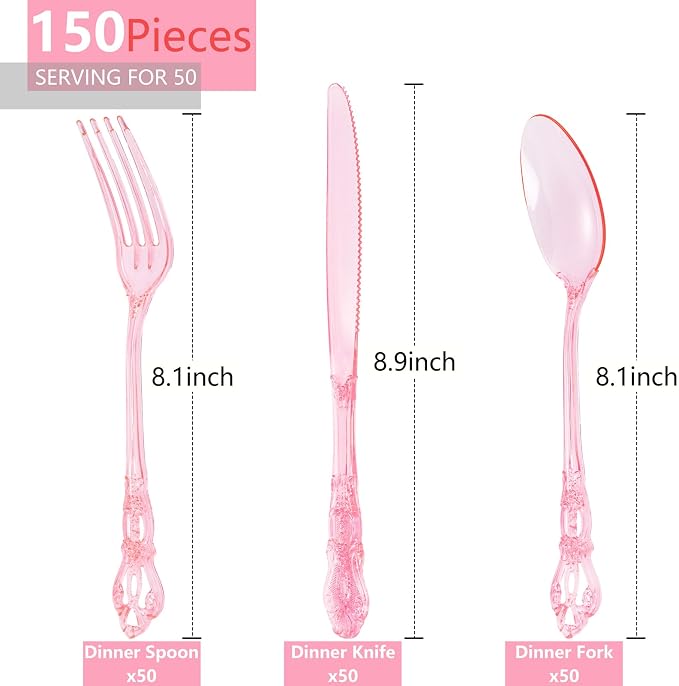 150PCS Pink Plastic Silverware - Heavy Duty Elegant Disposable Utensils - Vintage Baroque Cutlery Set Disposable Includes 50Forks, 50Spoons, 50Knives for Dinner Party Wedding