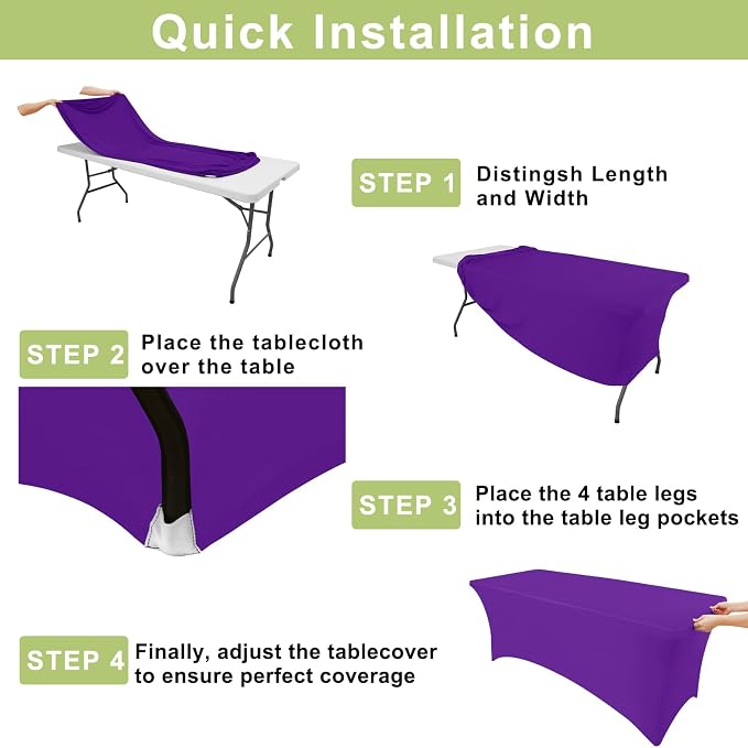 Moosfor Spandex Elastic Fitted 6FT Rectangle Tablecloth 6 Pack, Stretch Washable Reusable Table Cover for Outdoor Picnic, Dining, Wedding, Banquet & Party Events (Purple, 72Lx30Wx30H Inch)