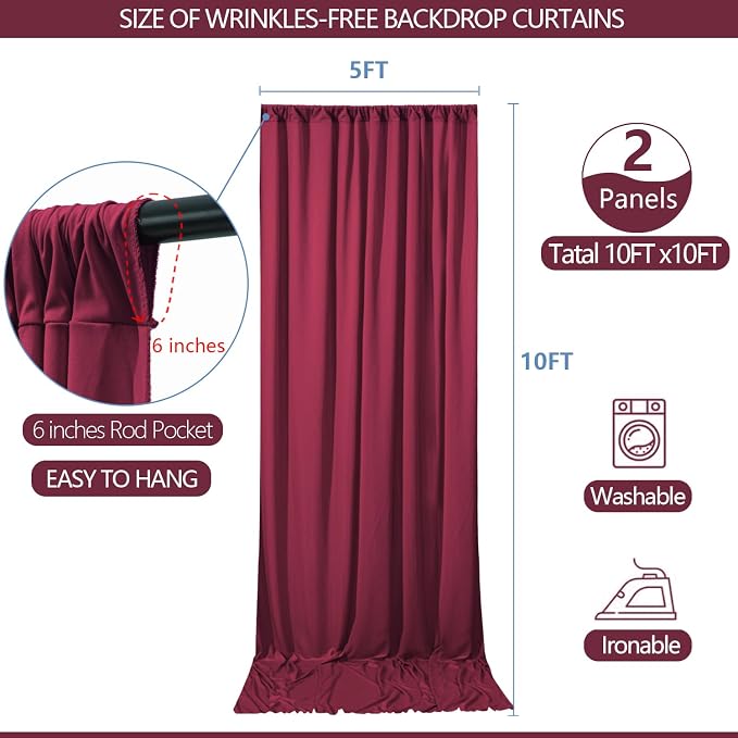 ESGOTBME 10x10ft Wrinkle Free ‌Burgundy Backdrop Curtain for Parties Soft Fabric Drapes Wedding ‌Curtain Backdrop for Birthday Party Decorations Background for Photography 5x10ft, 2 Panels