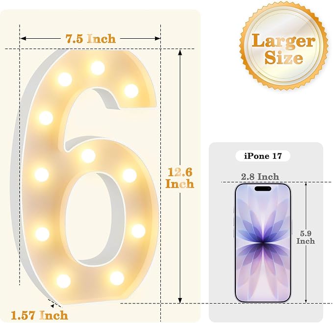 12.6 Inch LED Marquee Light Up Numbers with Happy Birthday Music, Remote Birthday Number Lights as Gifts for Girls Women Men, Lighted Marquee Numbers for Table Party Decorations, Number 6