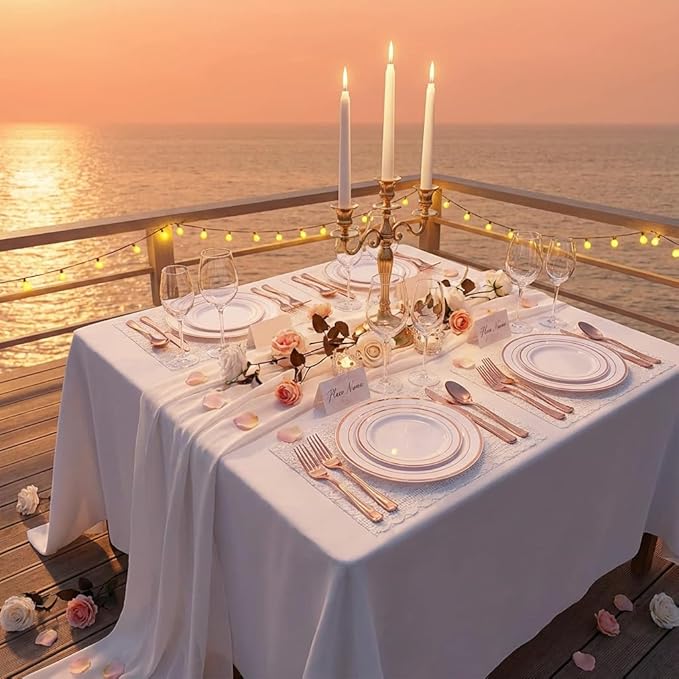 GATHER 350PCS Rose Gold Plastic Plates - Disposable Rose Gold Dinnerware Sets Includes 100 Gold Rimmed Plastic Plates, 150 Silverware, 50 Napkins, 50 Cups for Party, Wedding, Mother's Day