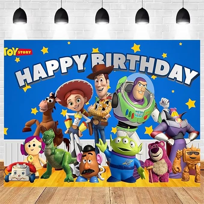48PCS Toy Story Birthday Party Supplies Set, Including Happy Birthday Banner, Backdrop, Swirl Decorations, Balloons, Cake Topper, Cupcake Toppers, Tablecloth