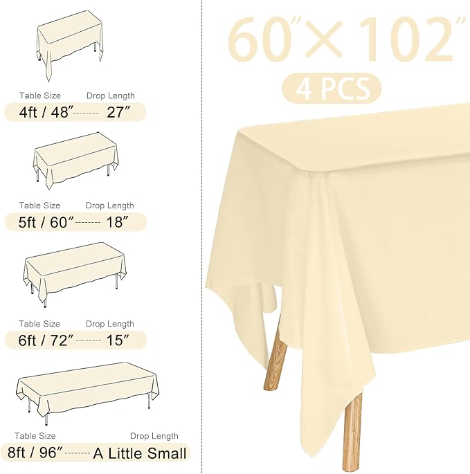 4 Pack Rectangle Tablecloth for 6 Foot Tables Washable Polyester Table Cover for Wedding Dining Table Parties Banquet（60x102 Champagne）