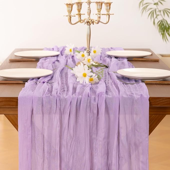 Socomi 2pcs Lilac Purple Lavender Cheesecloth Table Runner Easter Spring Boho Rustic Gauze 120 inch 10FT Cheese Cloth Runner for Wedding Party Baby Shower Birthday Home Decor Holiday Decorations