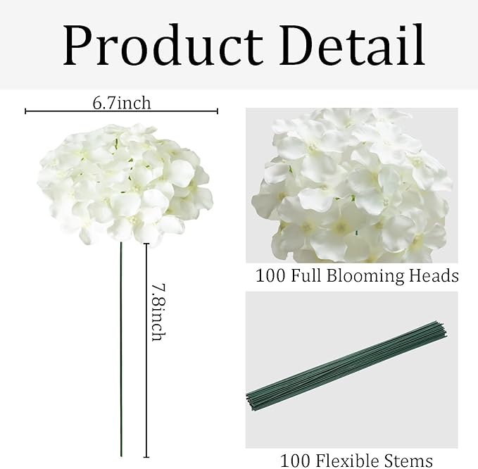 100 Pcs Faux White Hydrangea Artificial Flowers Bulk, Fake Silk Hydrangea Flowers Heads with Stems for Wedding Decorations Garden Party Baby Shower Porch Home Decor Table Centerpieces