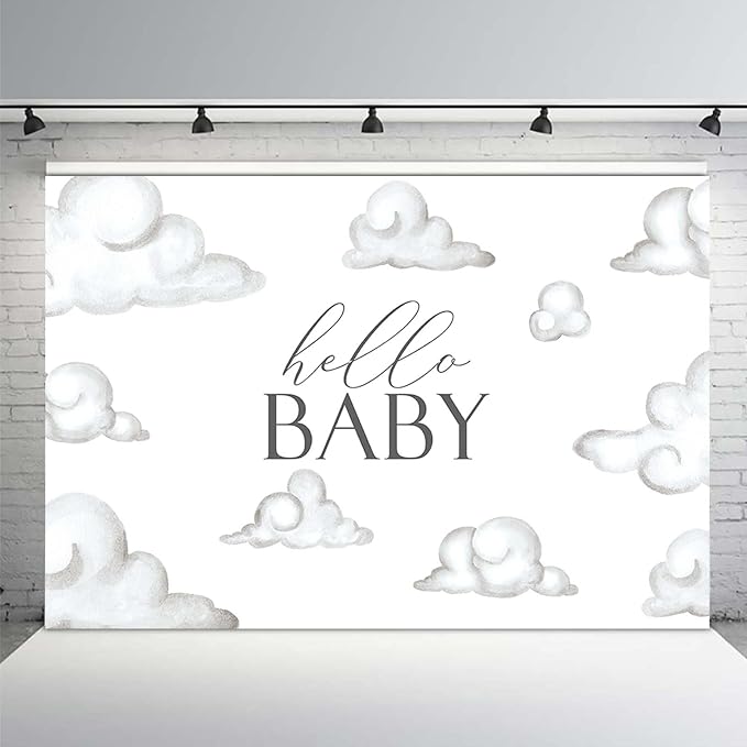 MEHOFOND Hello Baby Baby Shower Backdrop White Clouds Baby Birthday Party Decorations Backdrop White Cloud Baby Shower Party Decorations Cake Table Banner Supplies Photo Studio Props(7x5ft)
