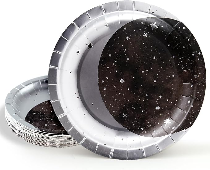 Cheerland Silver Moon Plates for Space Themed Party Decorations Galaxy Birthday Party Tableware Set Starry Night Outer Space Birthday Party Decorations Twinkle Twinkle Little Stars (24, Silver)