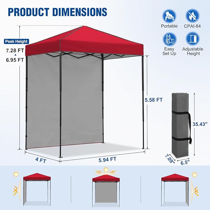 6x4 Pop Up Canopy Tent with One Wall Panel, Instant Portable Beach Canopy, Outdoor Tent with Carry Bag for Camping, Sports, Tailgating, Events, Red