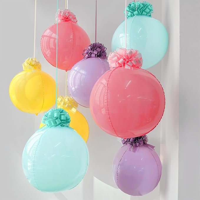 8pack Pastel Rainbow 4D Orb Ornament Balloons with 16 Pull Ribbon Gift Bows –Total 24pcs Macaron Decor Ceiling Hanging Balloon Set for Unicorn Birthday Baby Shower & Spring Tea Party Decor