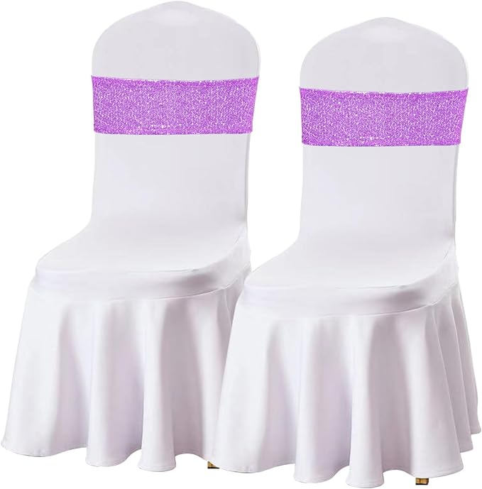 SquarePie 50 Pcs Sequin Chair Sashes Lavender Sequin Sashes Bands Decorative Ties for Wedding Party Festive Chair Cover Decor