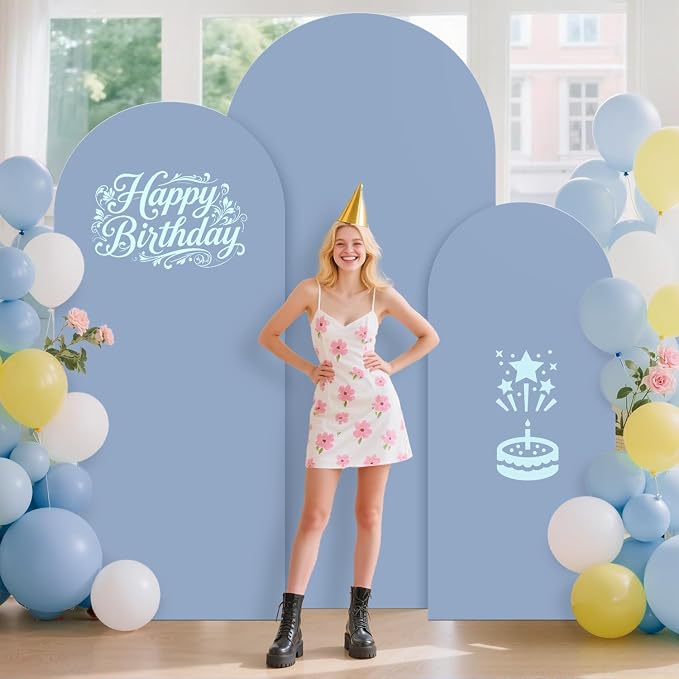 Weding Arch Backdrop Stand and Dusty Blue Cover Set 6FT, 5FT, 4FT Metal Arch Stand with Cover Set of 3 Wedding Arch Frame and Arch Stand Cover for Wedding Ceremony Birthday Party Baby Sower