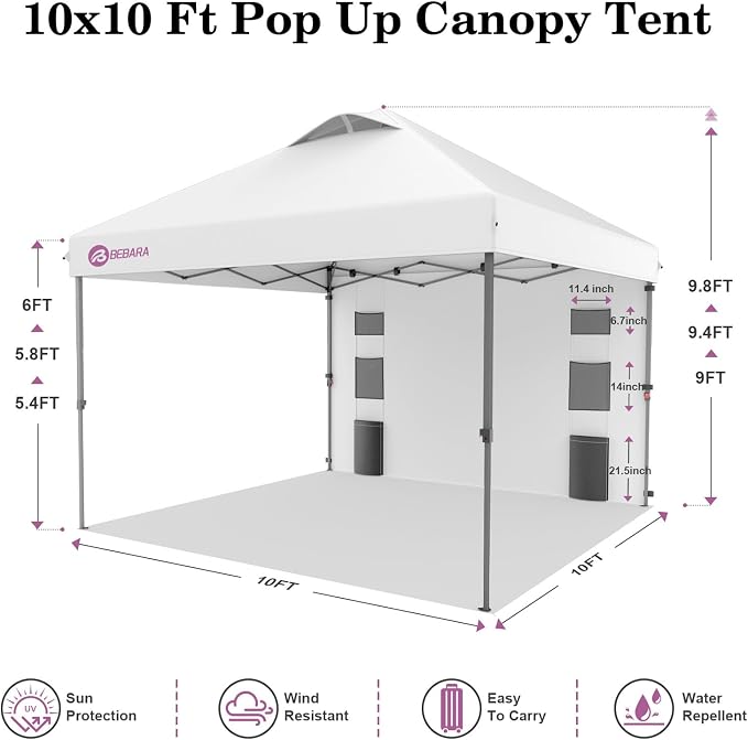 10x10 Pop Up Canopy with Sidewall, One-Person Setup - UV & Water Resistant Canopy Tent w/Wheeled Carry Bag for Beach, Patio, Camping & Events - White
