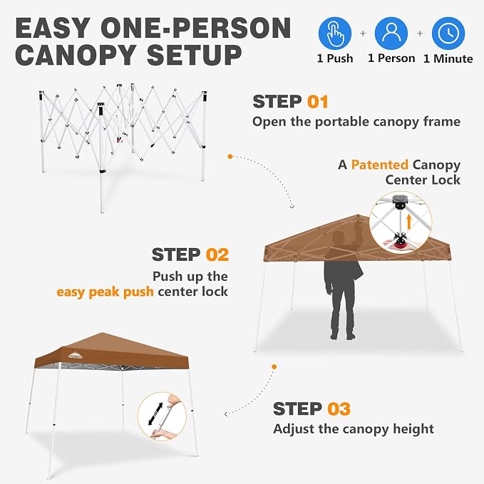 EAGLE PEAK 10x10 Slant Leg Pop-up Canopy Tent Easy One Person Setup Instant Outdoor Beach Canopy Folding Portable Sports Shelter 10x10 Base 8x8 Top (Khaki)