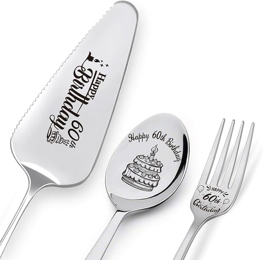 Happy 60th Birthday Personalized Laser-Engraved Stainless Steel Birthday Party Utensil Set - Cake Server, Spoon, and Fork for Mother Father Husband Wife Grandmother Grandfather