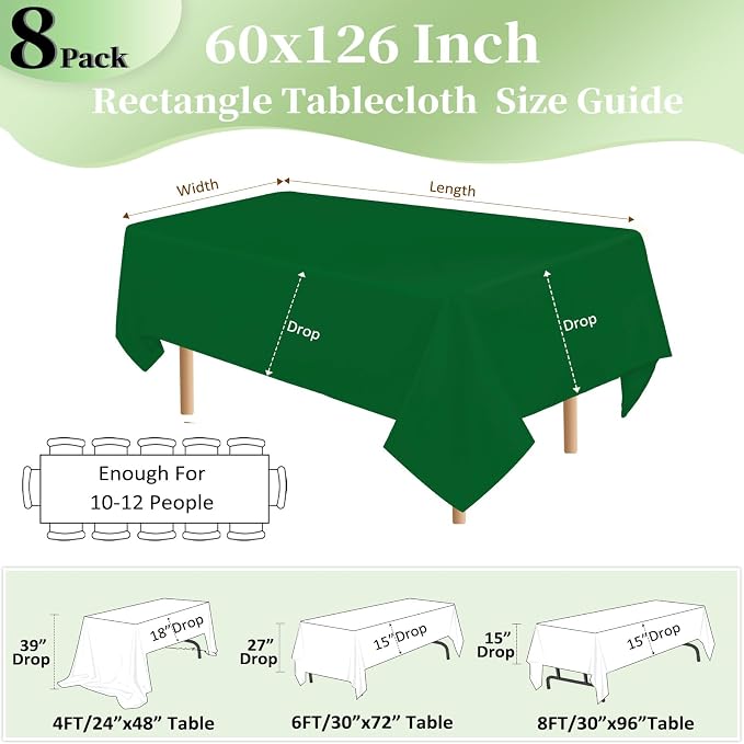 8 Pack Green Table Cloth 60x126 Inch Rectangle Tablecloth for 8 Foot Rectangle Tables, Wrinkle Resistant Washable Polyester Fabric Table Cover for Dining Banquet Wedding Party