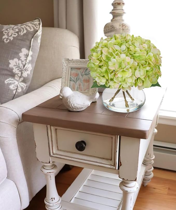 Hollyone Green Hydrangea Artificial Flowers with Glass Vase Silk Faux Flowers Arrangements in Vase with Faux Water Fake Floral Bulk Bouquet for Home Decor Table Centerpiece Decorations