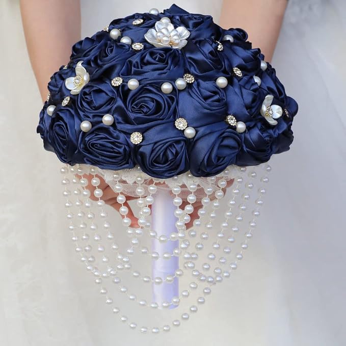 Navy Blue Bridal Wedding Bouquet with Rhinestone Brooch Pearl String Cascade Bouquet for Bride Bridesmaid Quinceanera Satin Rose Artificial Flower Bouquet Wedding Navy Blue 7.5in