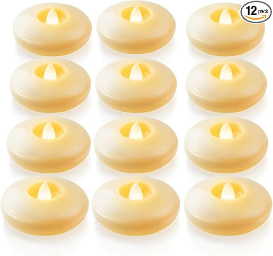 Homemory 12 Pack 3” Flameless Led Floating Candles, 200 Hour Battery Operated Flickering Waterproof Tealights for Cylinder Vases, Centerpieces at Wedding, Party, Pool, Holiday (Ivory Base)