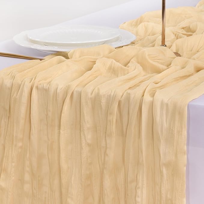 Socomi 6pcs Gold Champagne Cheesecloth Table Runner Summer Boho Rustic Gauze 120 inch 10FT Cheese Cloth Sheer Runner for Wedding Party Baby Shower Birthday Home Decor Holiday Decorations