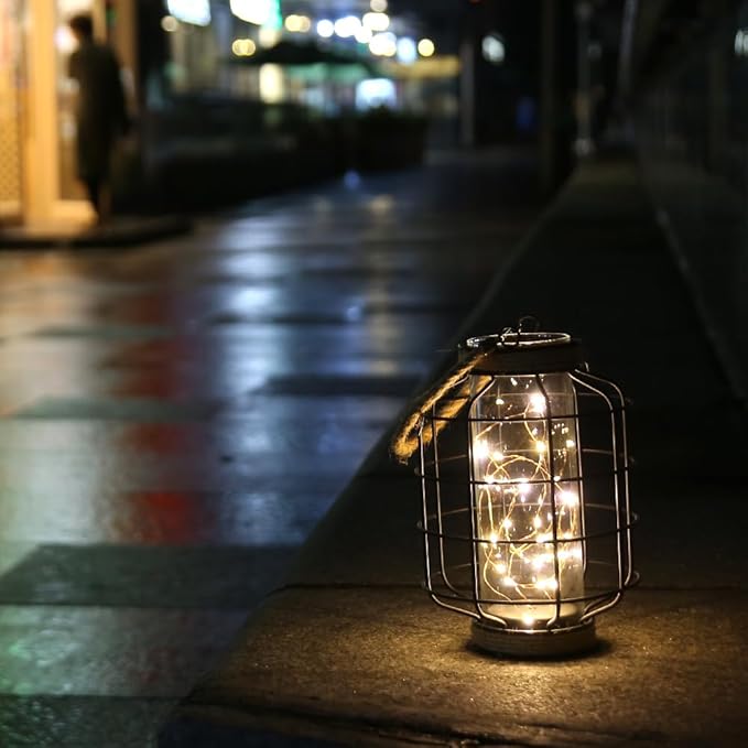 JHY DESIGN Metal Cage LED Lantern Battery Powered,9.4" Tall Cordless Accent Light with 20pcs Fairy Lights Great for Weddings Parties Patio Events Indoors Outdoors.