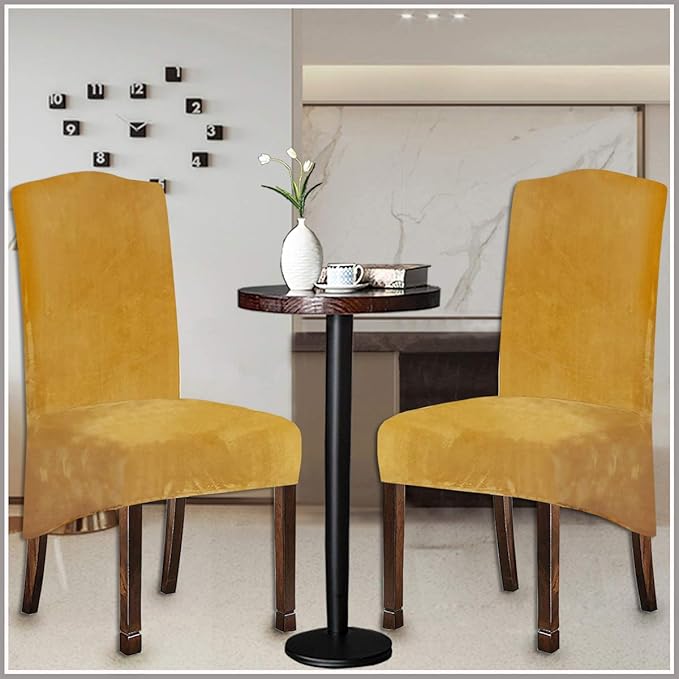 Velvet Plush XL Dining Chair Covers, Set of 4 Stretch Chair covers, Spandex High Chairs Protector Covers Seat Slipcover with Elastic Band for Dining Room,Wedding, Ceremony, Banquet (Mustard Gold)