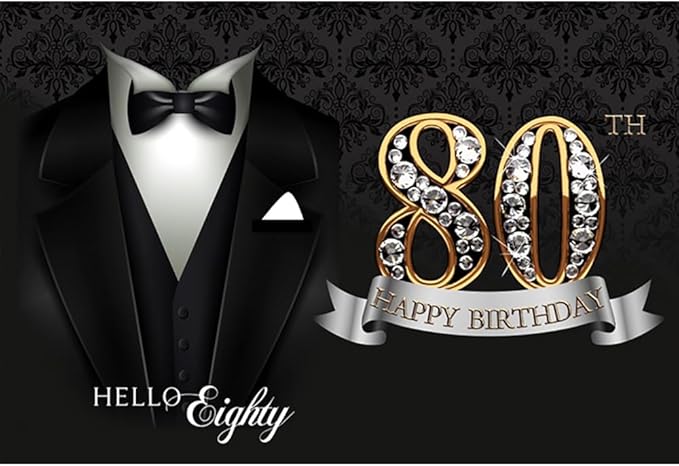 10x6.5ft Men 80th Birthday Background for Photography Black Necktie Suit Tuxedo Hello Eighty Backdrop Banner Luxury Diamonds Gold 80th Happy Birthday Party Supplies Portrait Photoshoot Props