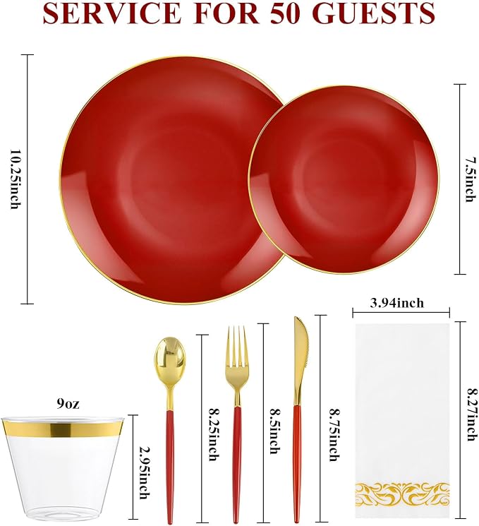 350 PCS Red Plastic Dinnerware Set, Red and Gold Rim Disposable Plates for Party, Include 100 Plates with 150 Plastic Cutlery, 50 Napkins and 50 Cups