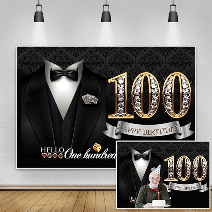 10x6.5ft Men 100th Birthday Backdrop Gentleman Black Tuxedo Suit Shiny Diamond Hello One Hundred Damask Floral Photography Background for Grandpa Father Birthday Party Decors Cake Table Banner