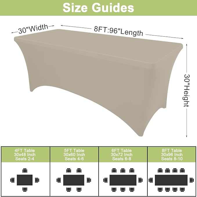 Moosfor Spandex Elastic Fitted 8FT Rectangle Tablecloth 6 Pack, Stretch Washable Reusable Table Cover for Outdoor Picnic, Dining, Wedding, Banquet & Party Events (Taupe, 96Lx30Wx30H Inch)