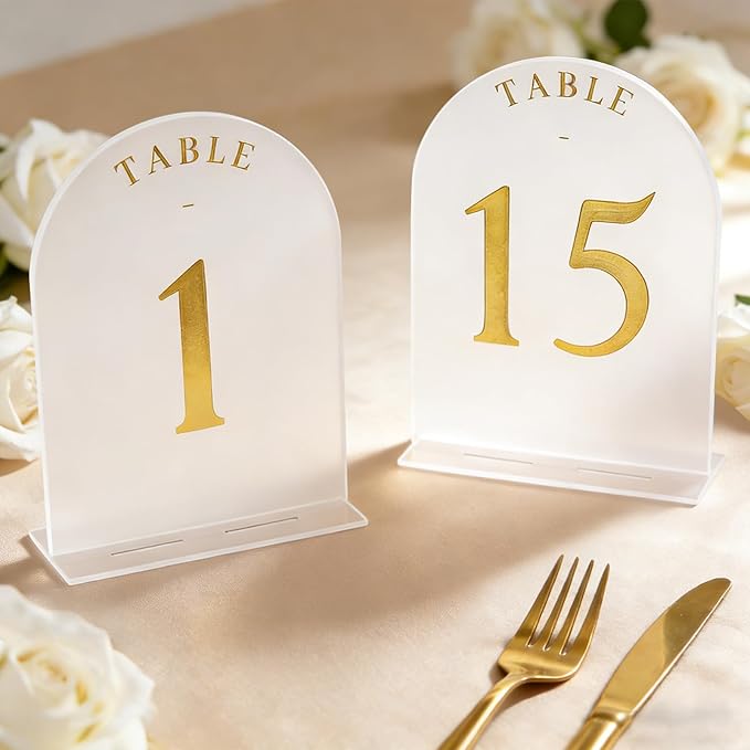 Teruntrue Frosted Arch Wedding Table Numbers 1-15 with Stands, Gold Foil Printed 5x7 Acrylic Table Signs for Reception, Anniversary, Event - Elegant Centerpiece Displays