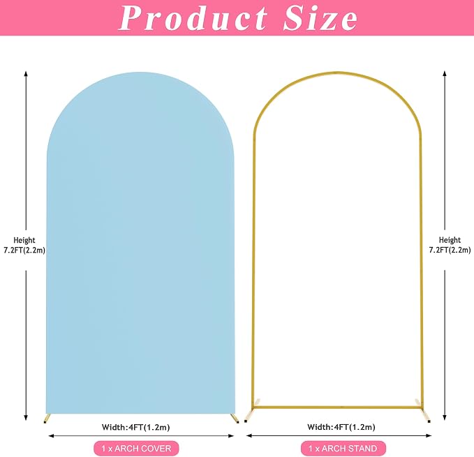 Putros Arch Backdrop Stand and Cover Set, 7.2ft, Gold Arch Stand with Dusty Blue Cover, Metal Arched Background Frame for Wedding, Birthday Party, Baby Shower, Photography Decoration
