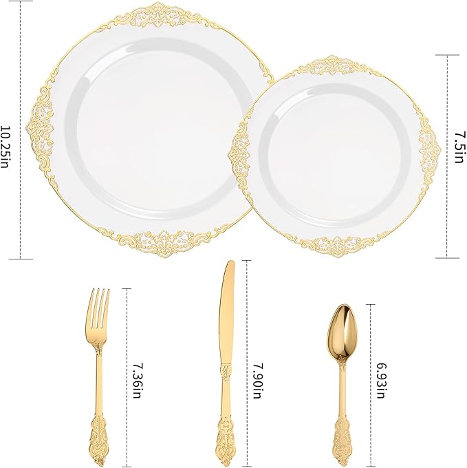 Goodluck 250 PCS Vintage White & Gold Rim Plastic Plates with Cutlery Set - Serves 50 - Heavy Duty Elegant Disposable Dinnerware for Formal Wedding, Catering, Upscale Party